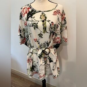 Amanda Green Jungle Bird Floral Leaf Print Top  Blouse Tunic Style with Belt XL